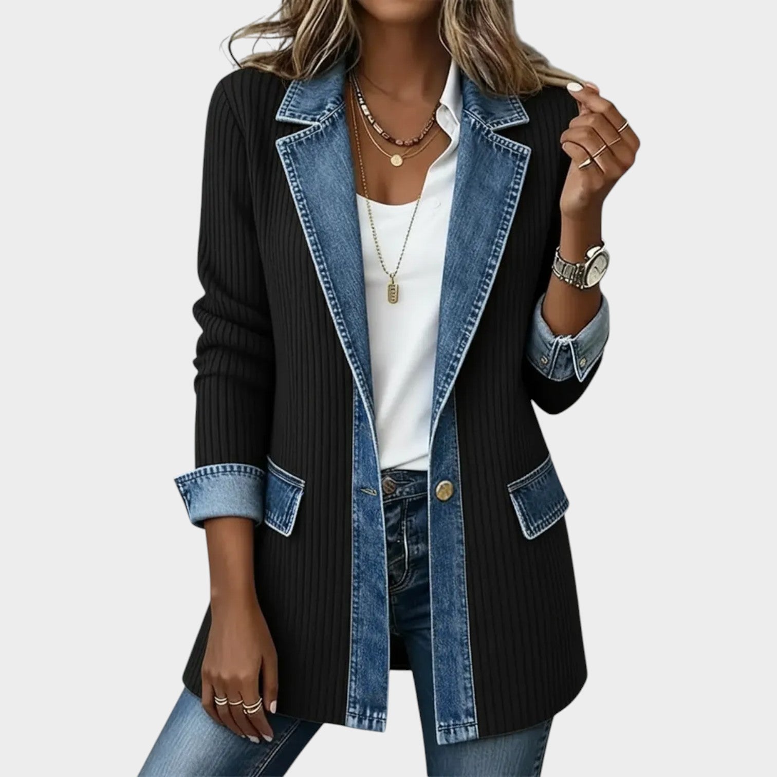 Denim-Trim Ribbed Knit Cardigan