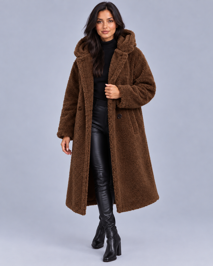 Women's Longline Teddy Coat with Hood