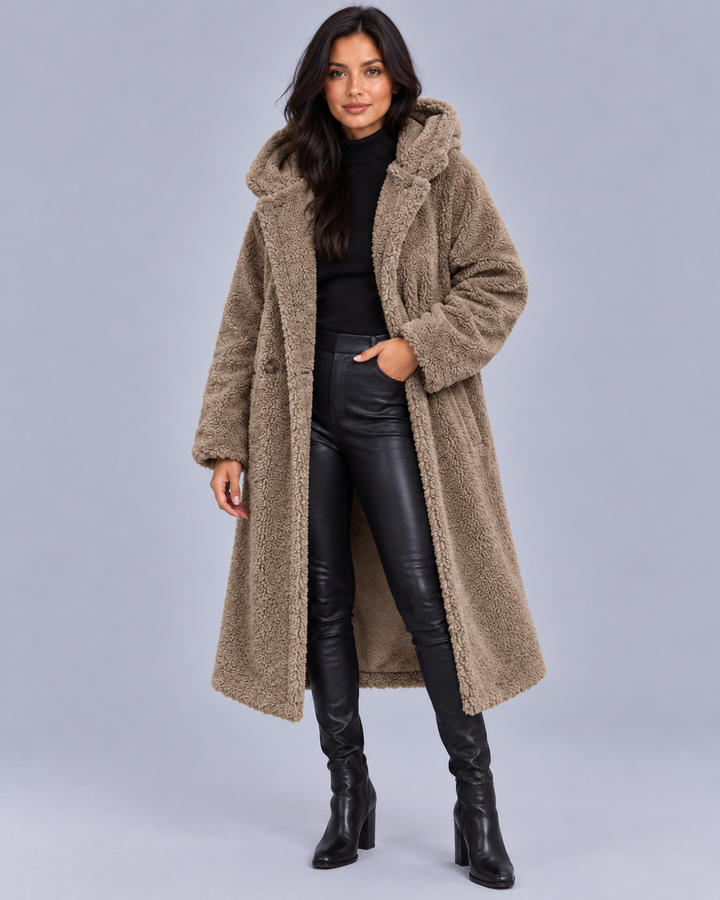 Women's Longline Teddy Coat with Hood