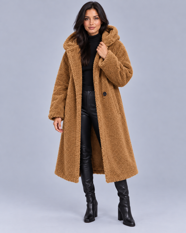 Women's Longline Teddy Coat with Hood