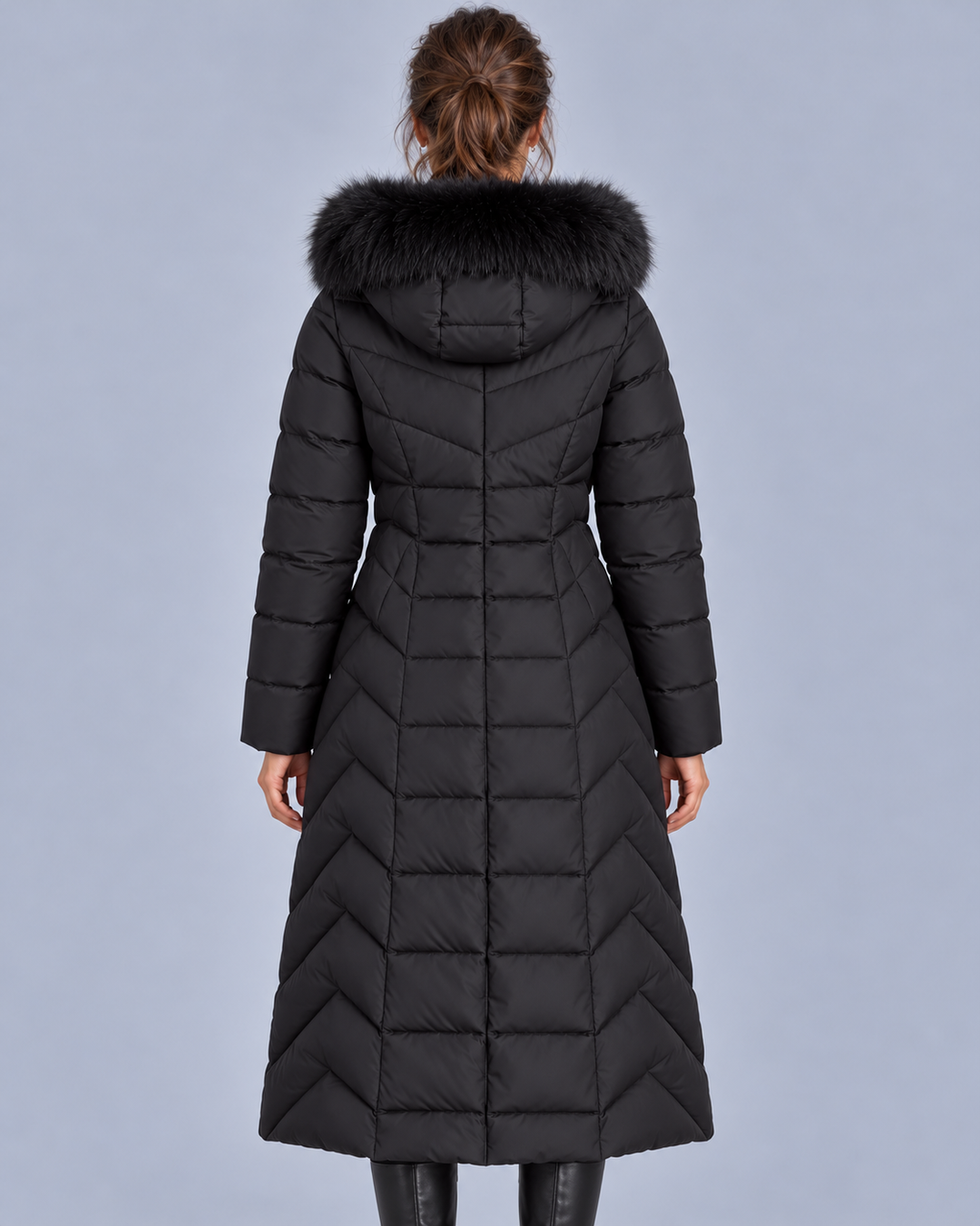 Women's Long Quilted Coat with Faux-Fur Hood