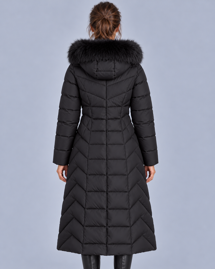 Women's Long Quilted Coat with Faux-Fur Hood