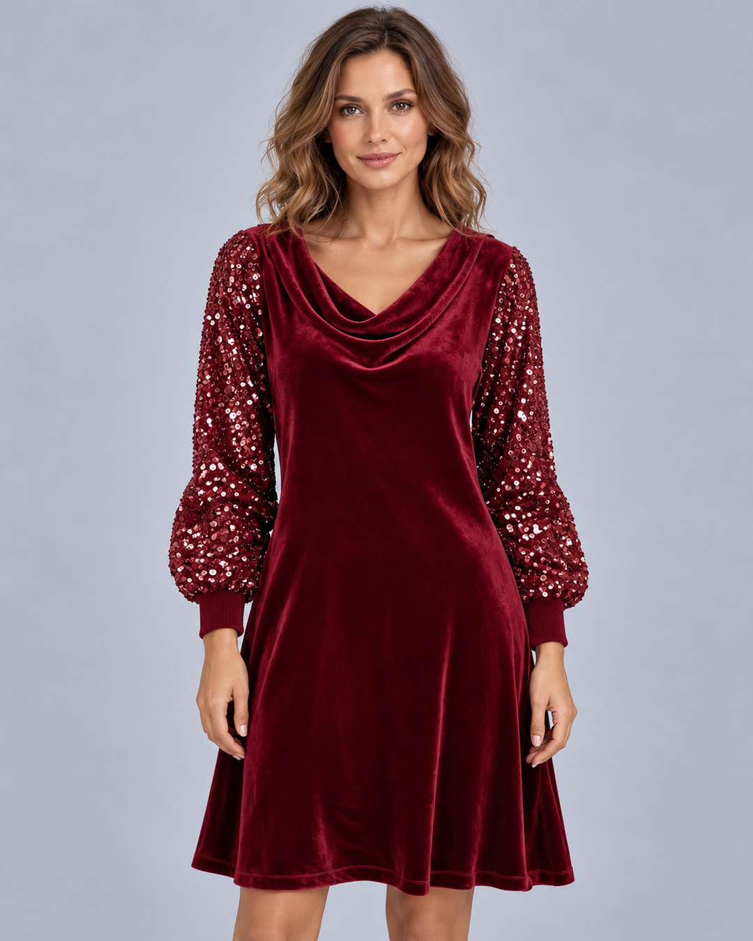 Women's Velvet Dress with Sequin Sleeves