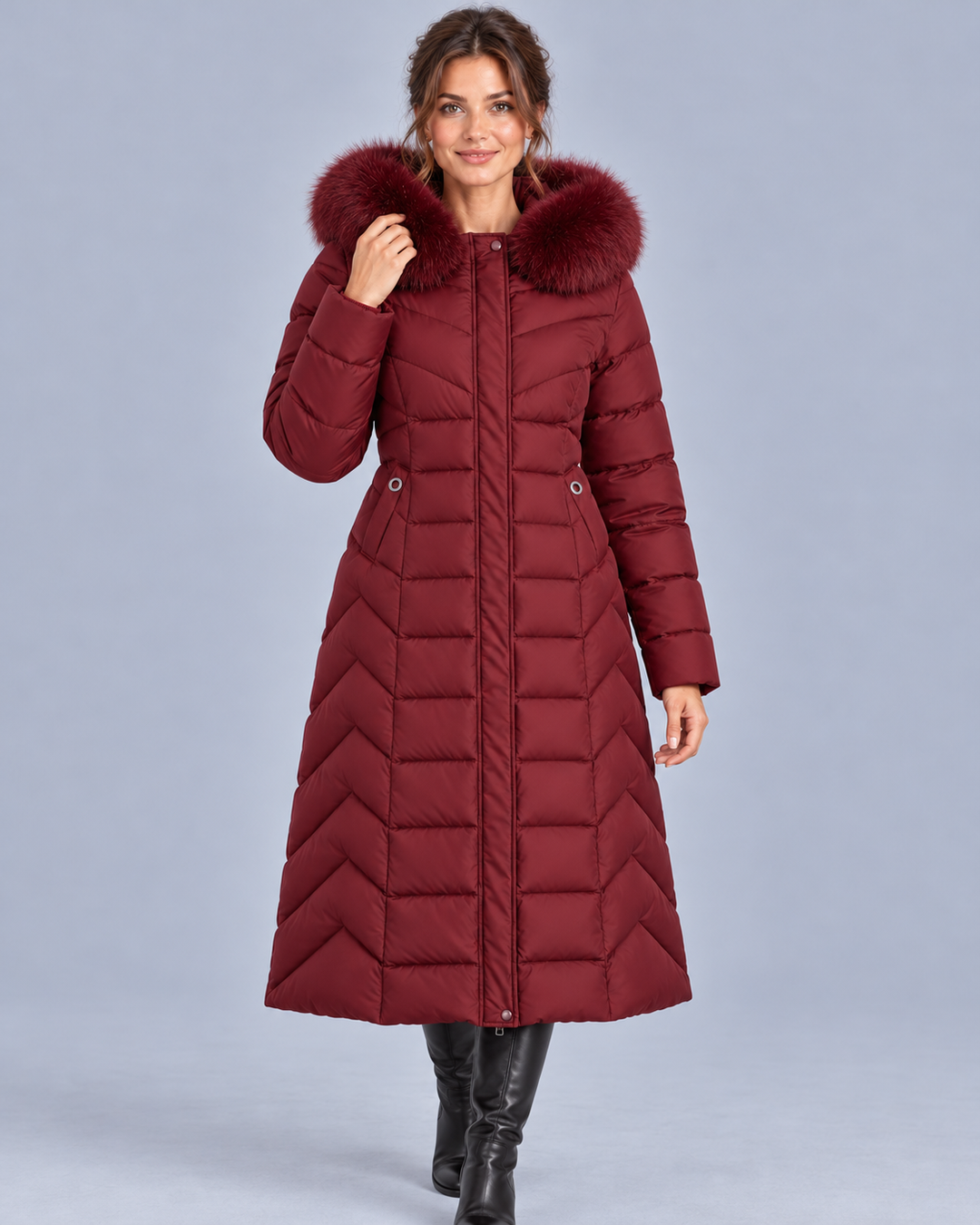 Women's Long Quilted Coat with Faux-Fur Hood