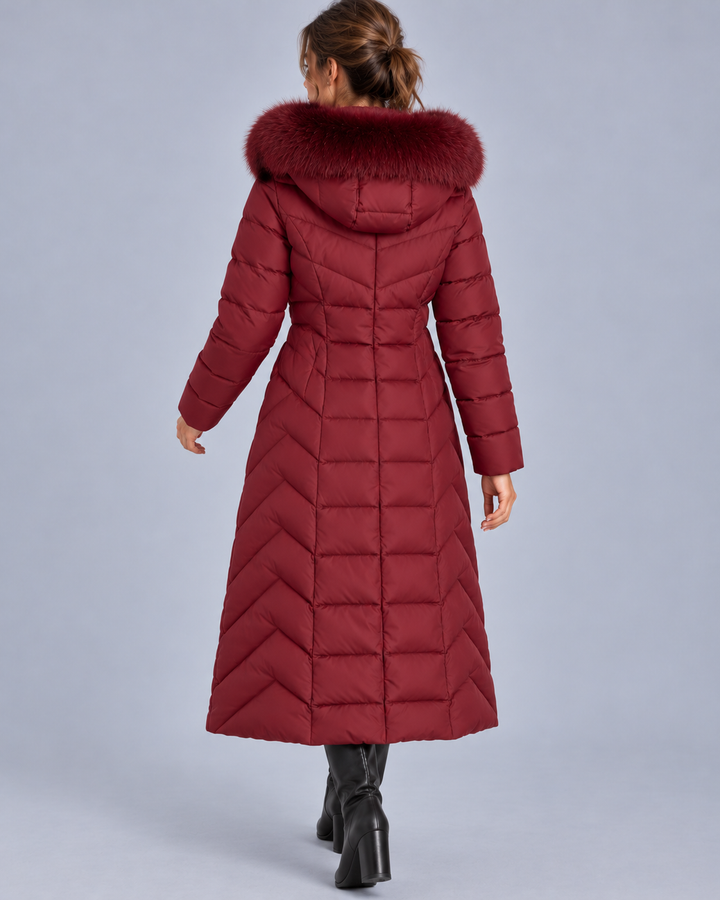 Women's Long Quilted Coat with Faux-Fur Hood