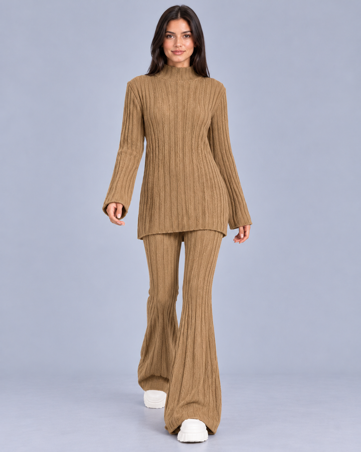 Women's Knitted Turtleneck and Flared Trouser Set