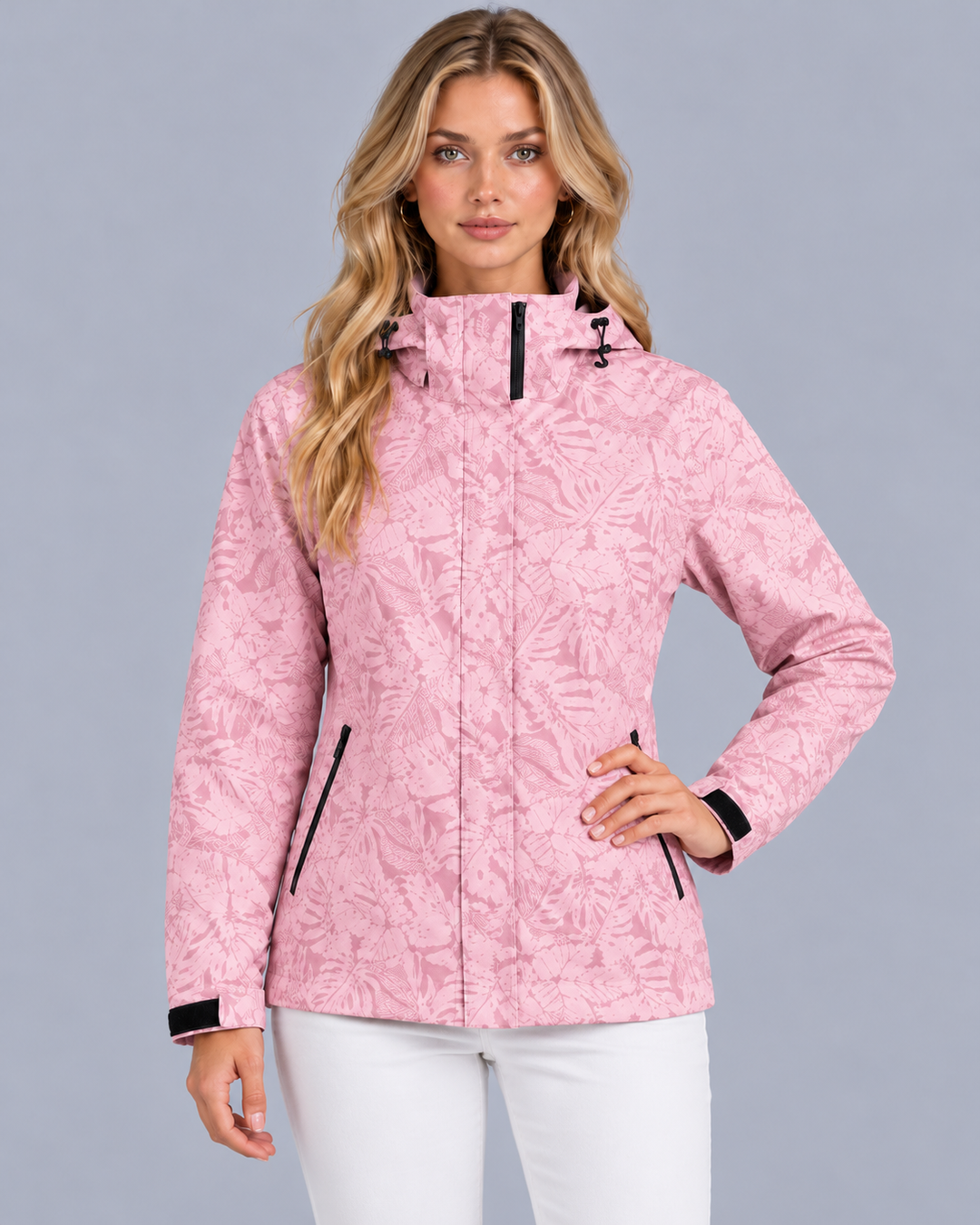 Women's Waterproof Jacket with Hood and Leaf Print