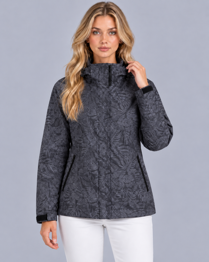 Women's Waterproof Jacket with Hood and Leaf Print