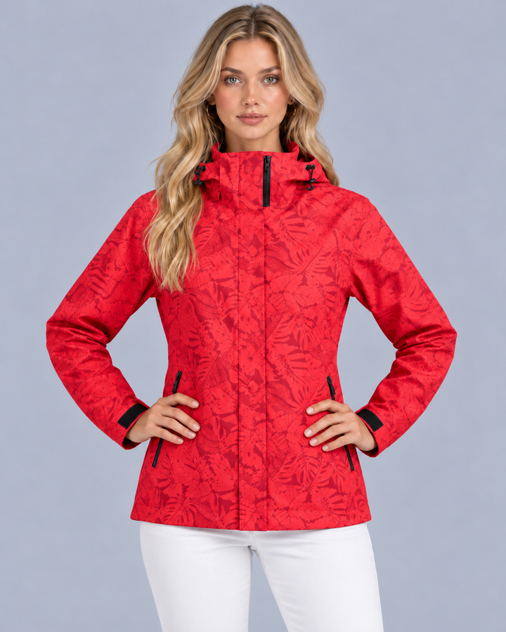 Women's Waterproof Jacket with Hood and Leaf Print