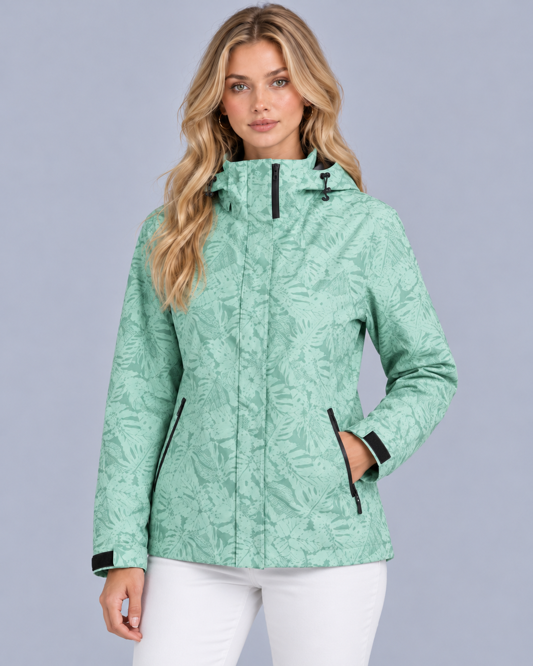 Women's Waterproof Jacket with Hood and Leaf Print