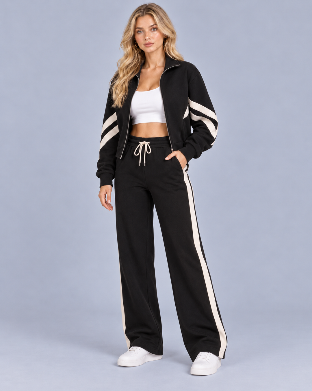 Women's Cropped Zip Tracksuit with Contrast Stripes