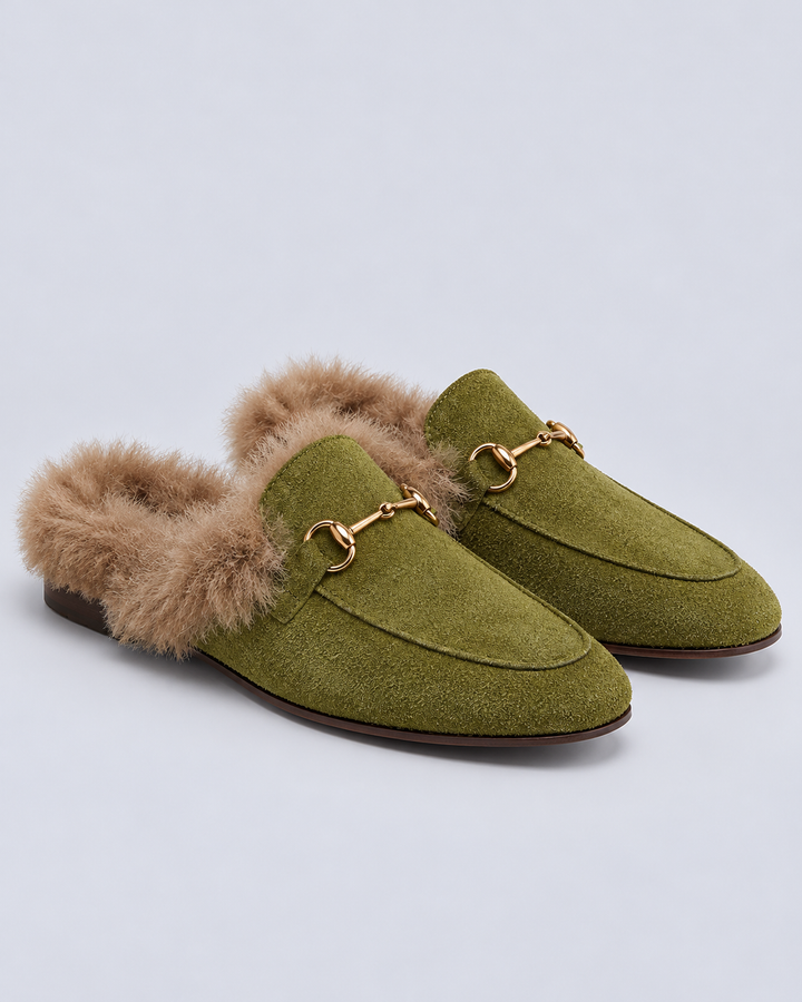 Women's Fur Lined Suede Horsebit Mules