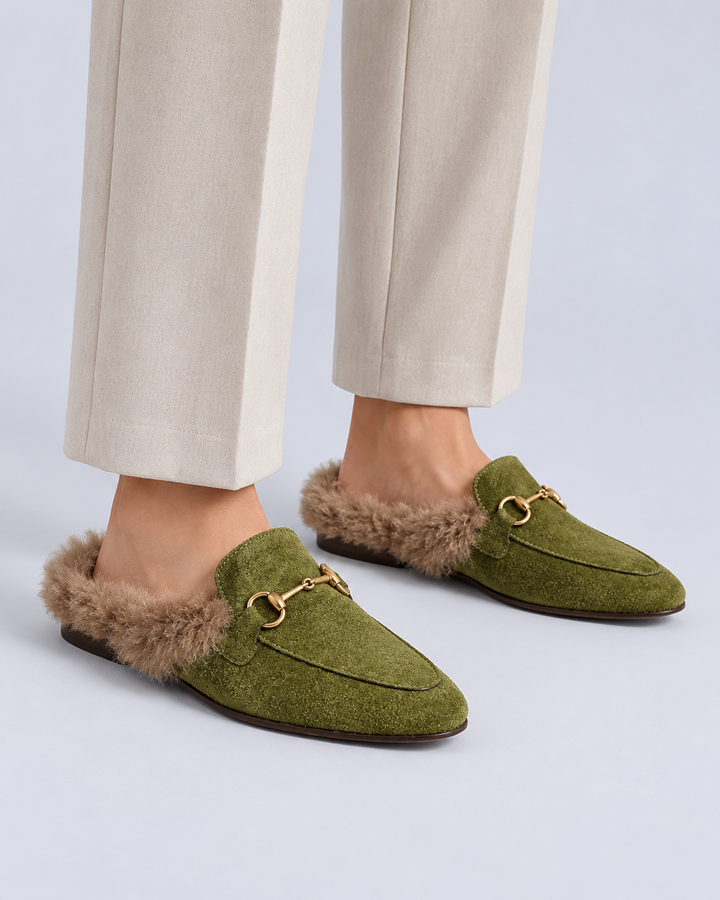 Women's Fur Lined Suede Horsebit Mules