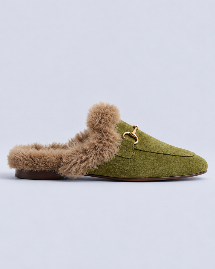 Women's Fur Lined Suede Horsebit Mules