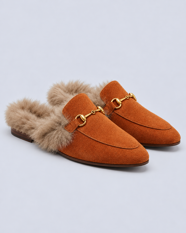 Women's Fur Lined Suede Horsebit Mules
