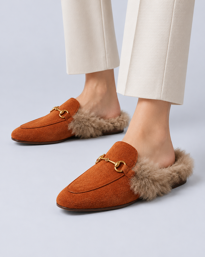 Women's Fur Lined Suede Horsebit Mules