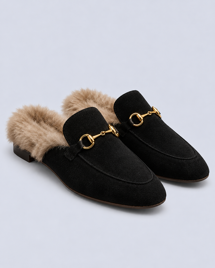 Women's Fur Lined Suede Horsebit Mules