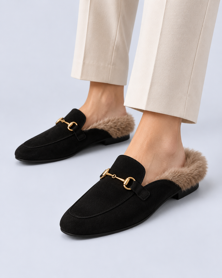 Women's Fur Lined Suede Horsebit Mules
