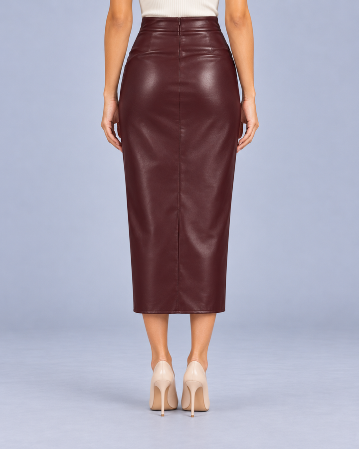 Women's Faux Leather Midi Skirt with Split