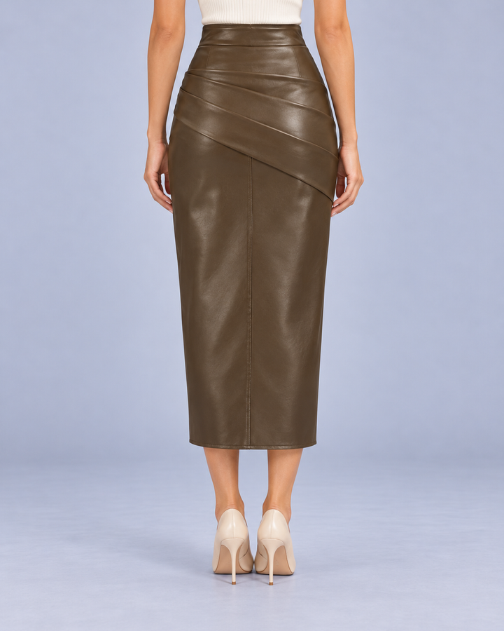 Women's Faux Leather Midi Skirt with Split