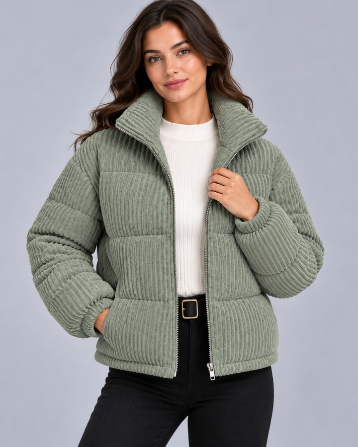 Women's Corduroy Puffer Jacket with Funnel Neck
