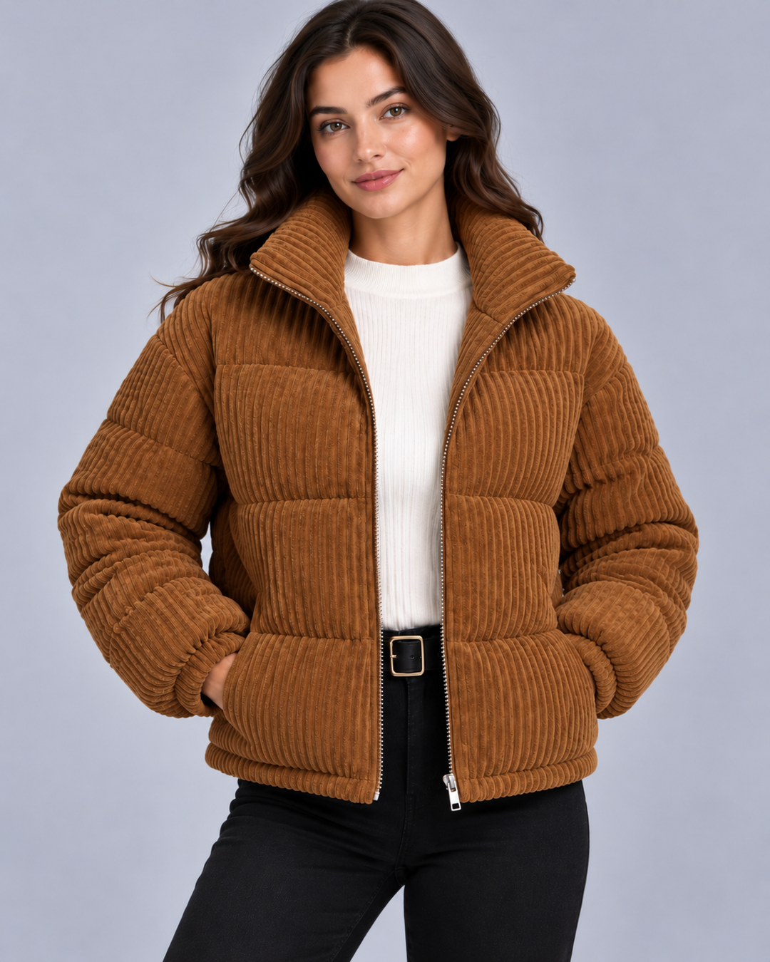 Women's Corduroy Puffer Jacket with Funnel Neck