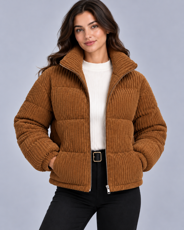 Women's Corduroy Puffer Jacket with Funnel Neck