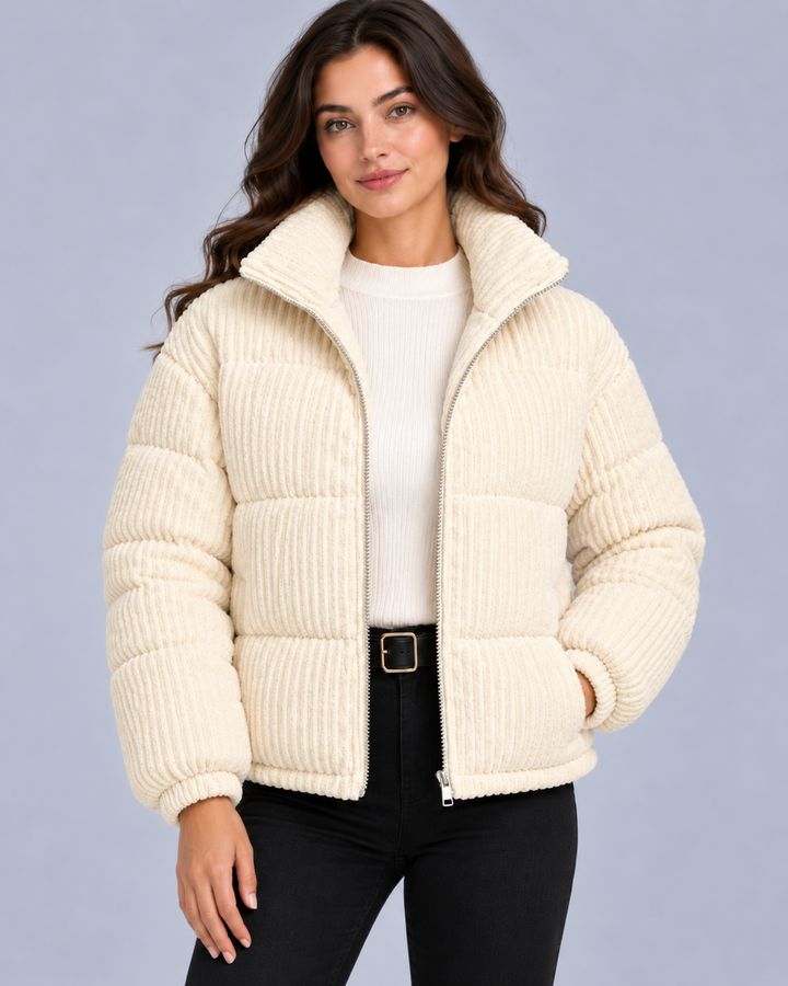 Women's Corduroy Puffer Jacket with Funnel Neck
