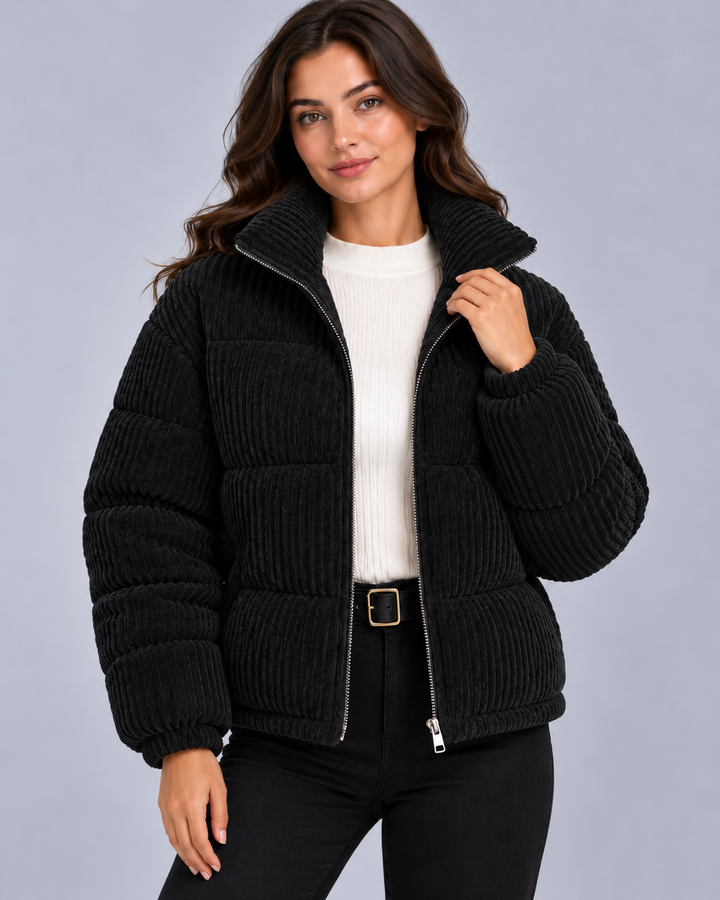 Women's Corduroy Puffer Jacket with Funnel Neck