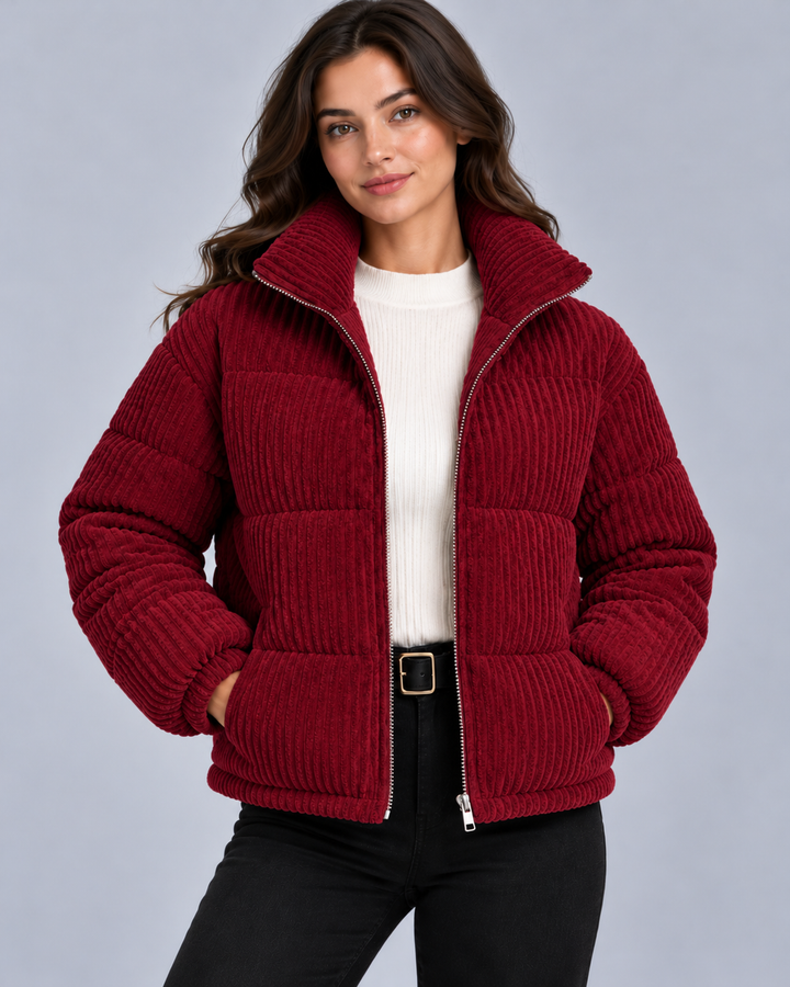 Women's Corduroy Puffer Jacket with Funnel Neck