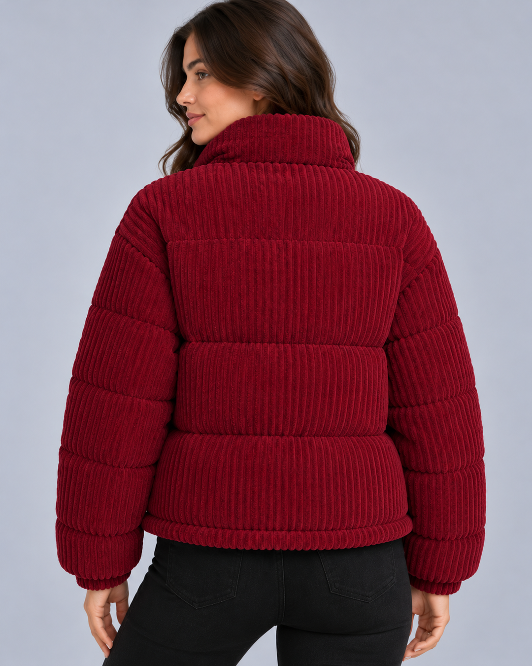 Women's Corduroy Puffer Jacket with Funnel Neck
