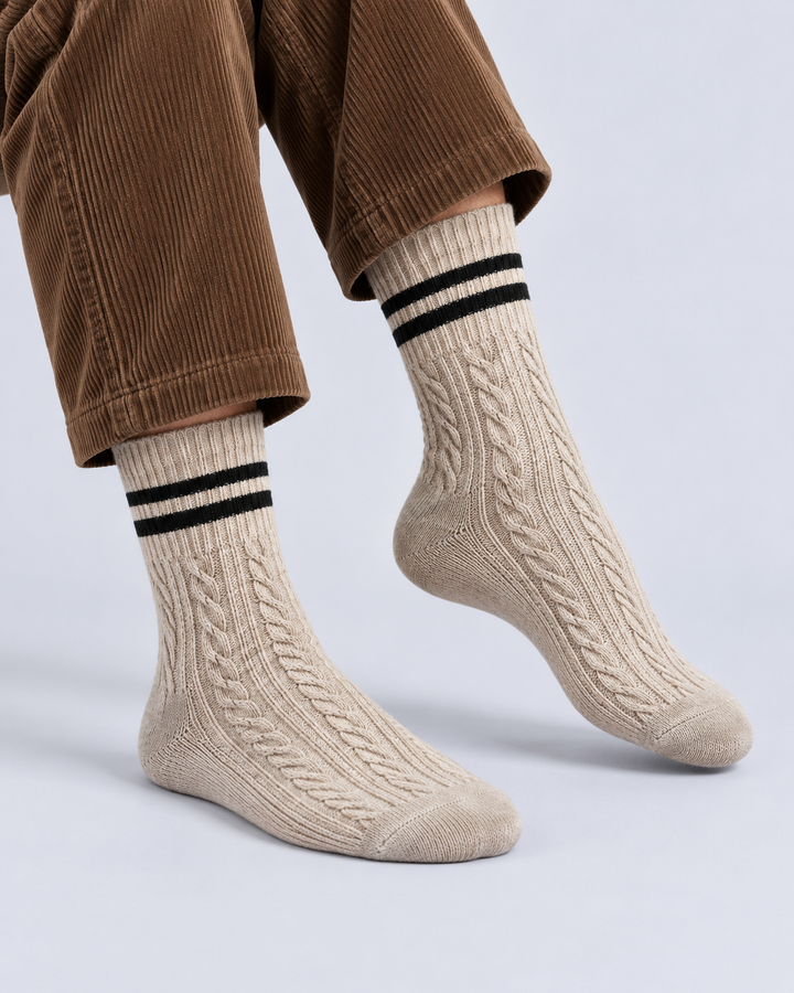 Women's Cable-Knit Crew Socks with Striped Cuffs