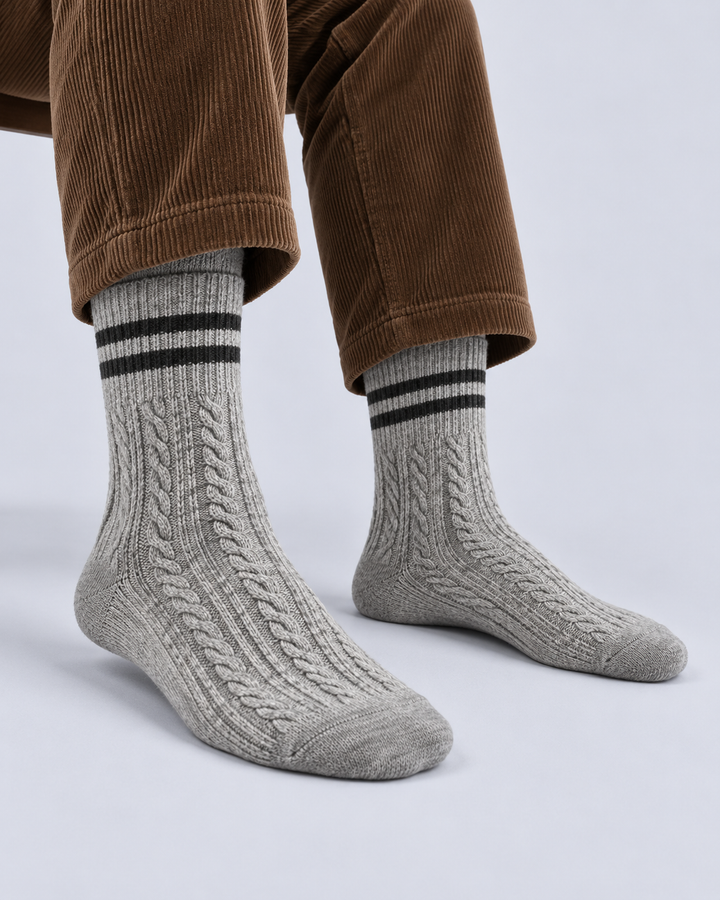 Women's Cable-Knit Crew Socks with Striped Cuffs
