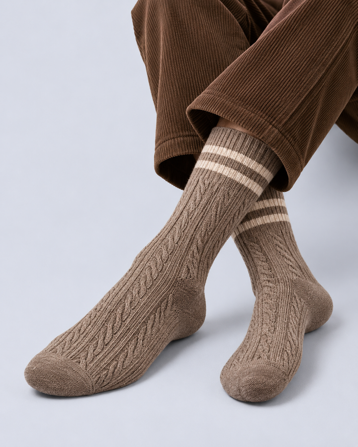 Women's Cable-Knit Crew Socks with Striped Cuffs