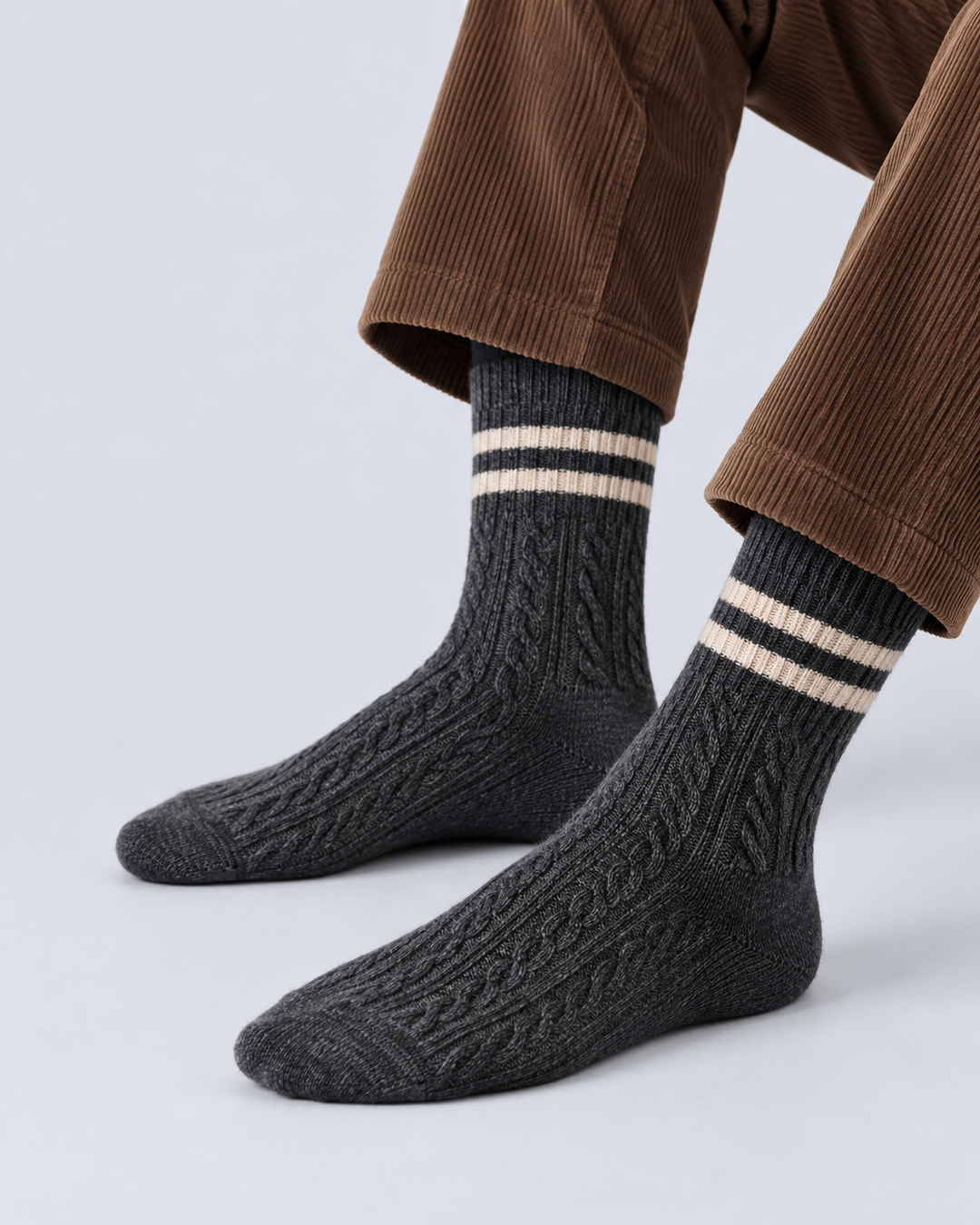 Women's Cable-Knit Crew Socks with Striped Cuffs