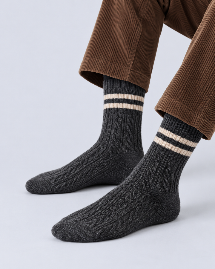 Women's Cable-Knit Crew Socks with Striped Cuffs