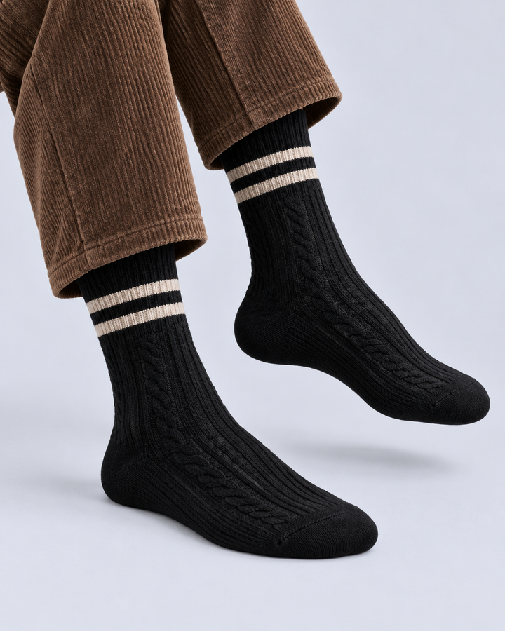 Women's Cable-Knit Crew Socks with Striped Cuffs