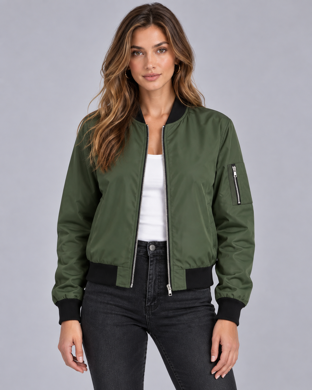 Women's Zip-Up Bomber Jacket with Ribbed Trim and Pockets
