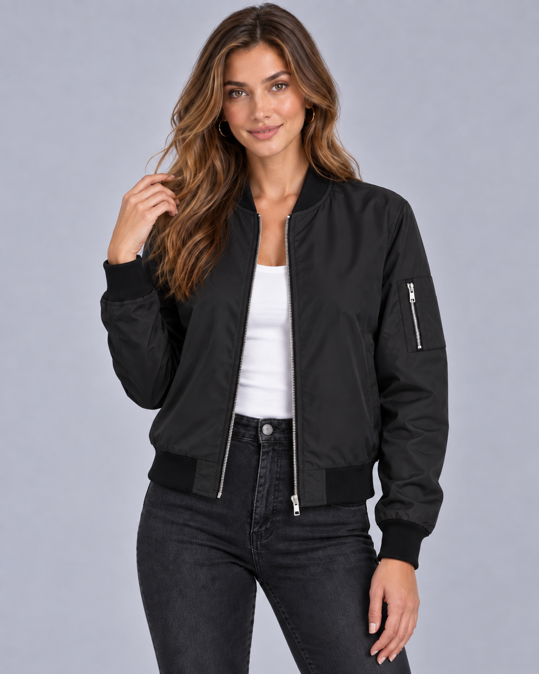 Women's Zip-Up Bomber Jacket with Ribbed Trim and Pockets