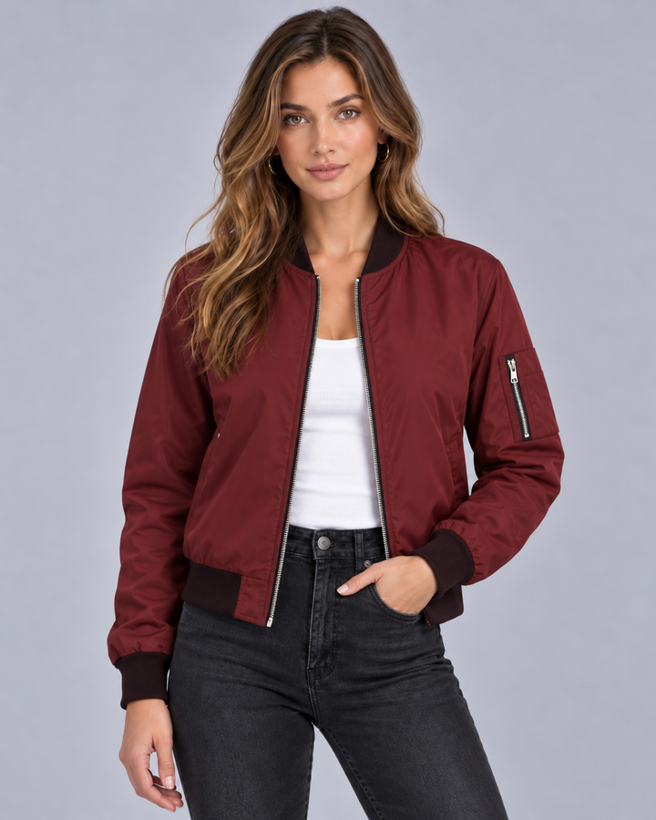 Women's Zip-Up Bomber Jacket with Ribbed Trim and Pockets