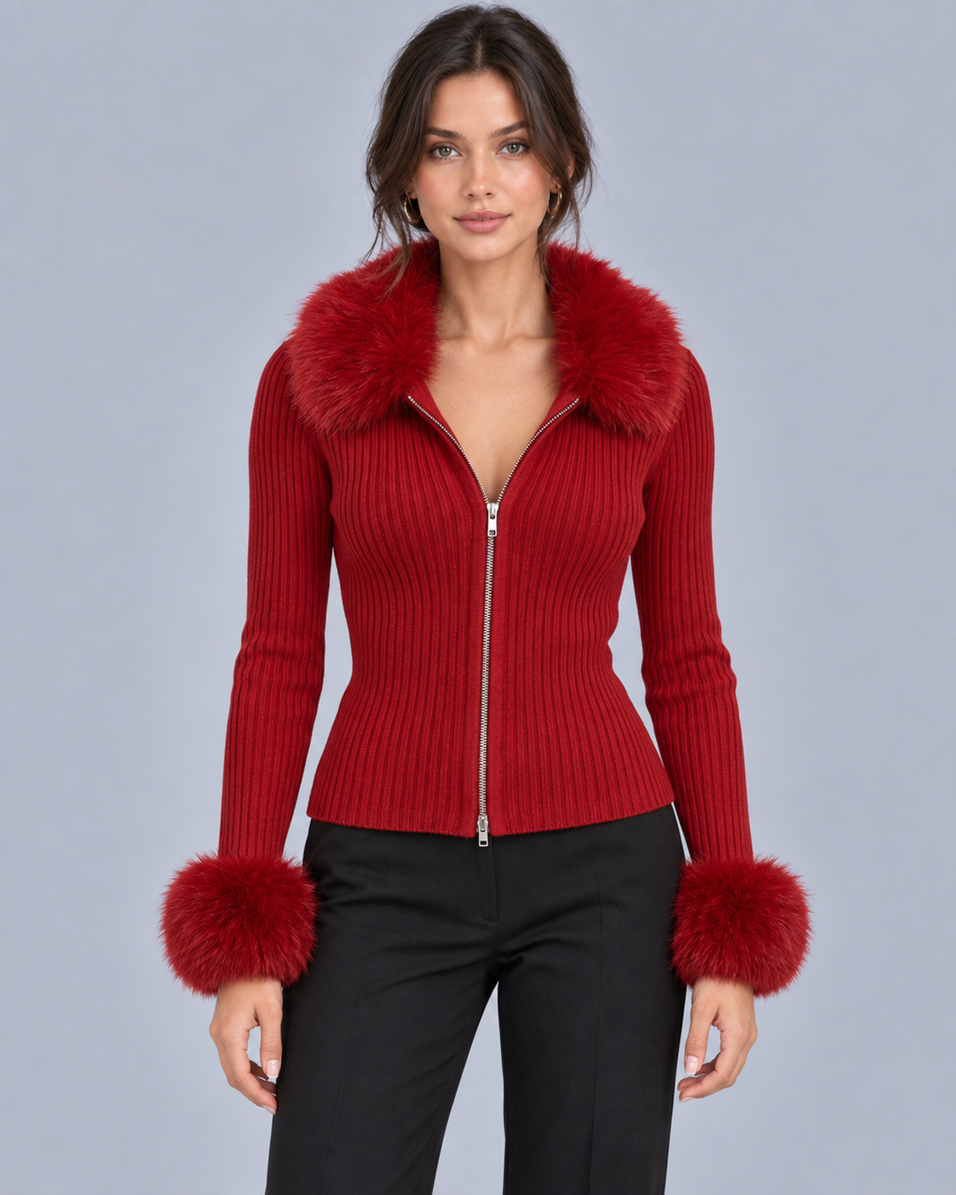 Women's Ribbed Knit Cardigan Sweater | Elegant Faux Fur Trim Long Sleeve Zip-Up