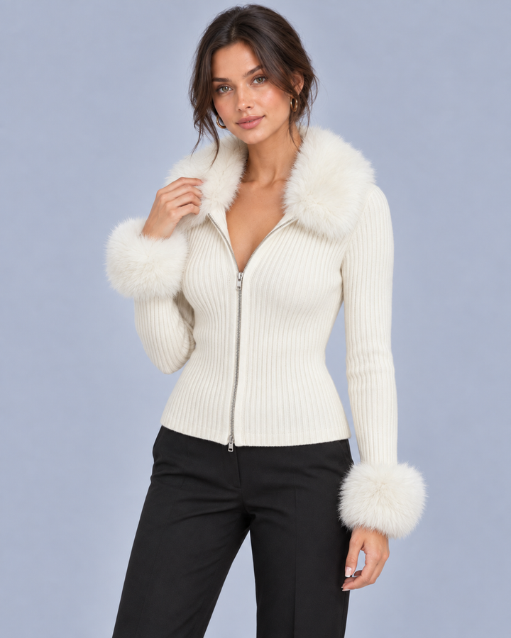 Women's Ribbed Knit Cardigan Sweater | Elegant Faux Fur Trim Long Sleeve Zip-Up