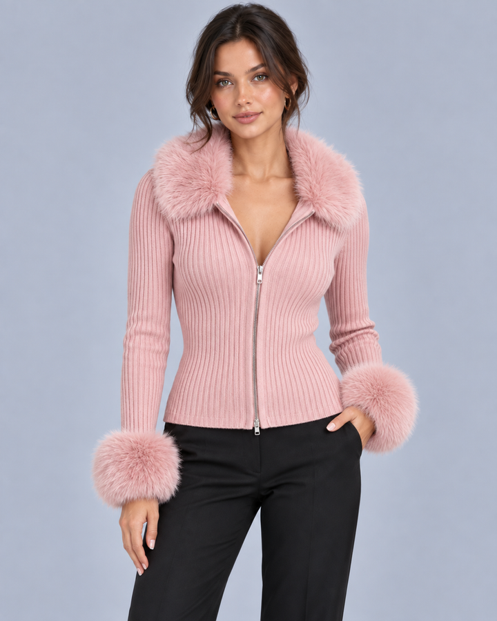 Women's Ribbed Knit Cardigan Sweater | Elegant Faux Fur Trim Long Sleeve Zip-Up