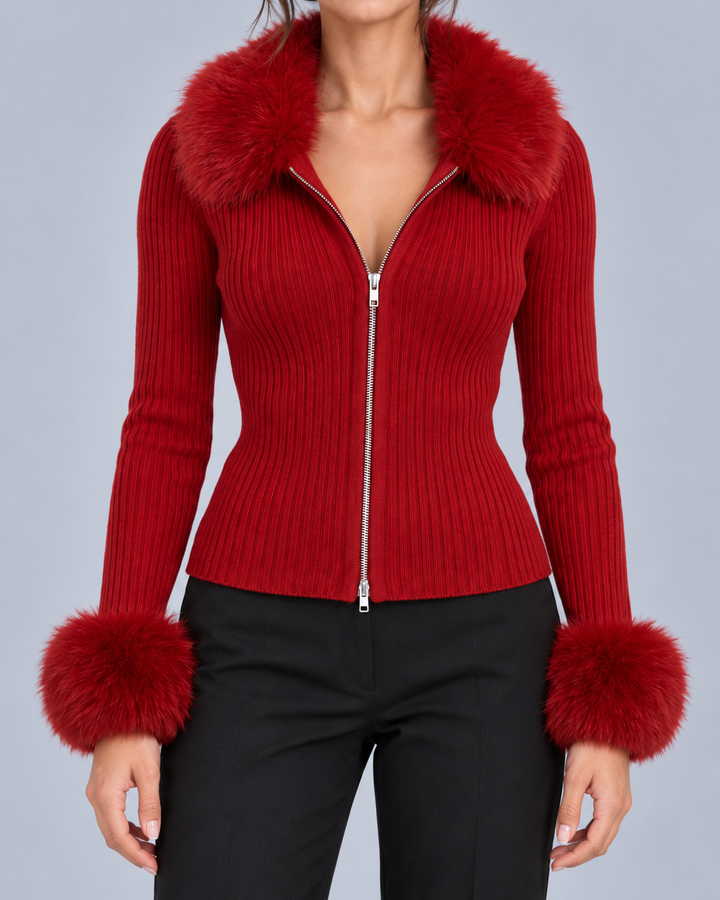 Women's Ribbed Knit Cardigan Sweater | Elegant Faux Fur Trim Long Sleeve Zip-Up