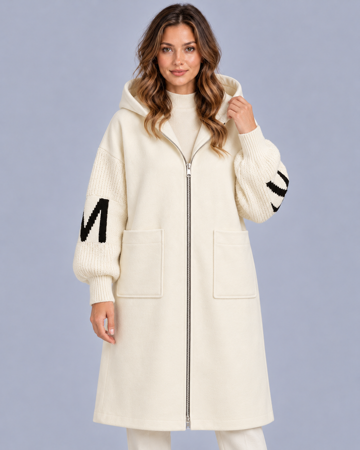 Women's Longline Hooded Coat with Knit Sleeves
