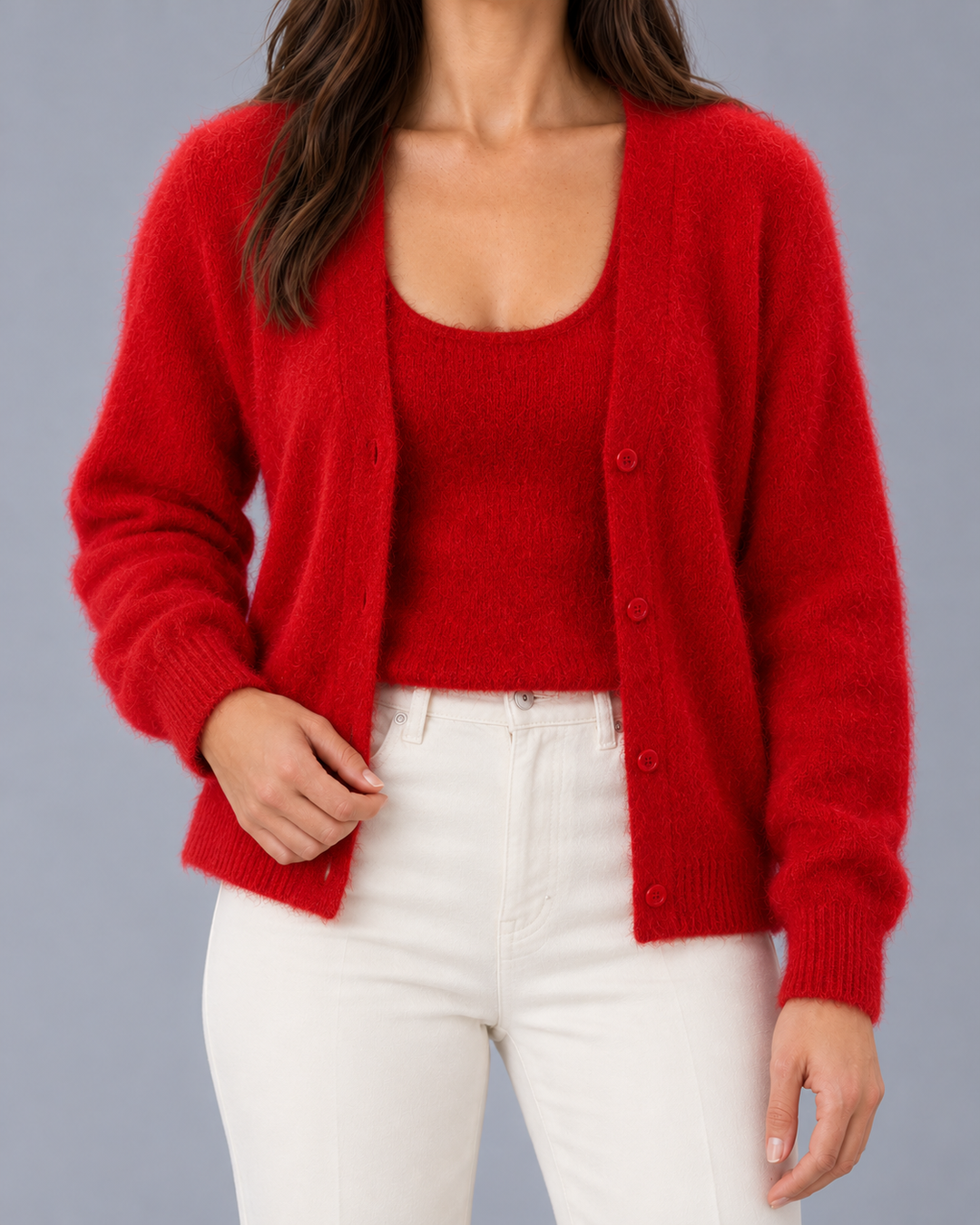 Women's Fluffy V-Neck Cardigan with Buttons