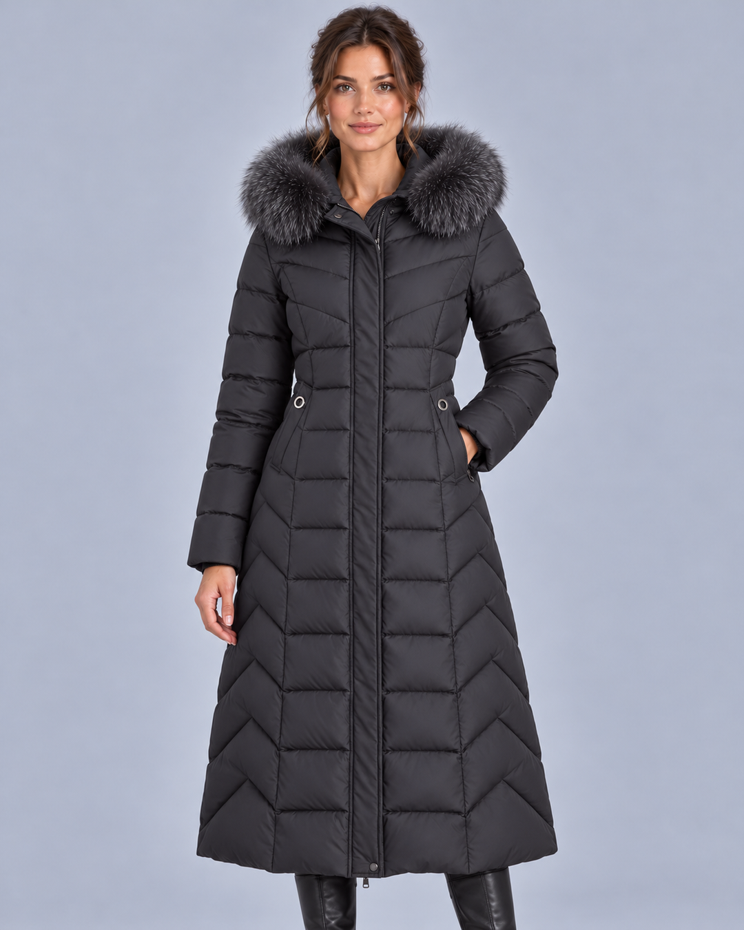 Women's Long Quilted Coat with Faux-Fur Hood