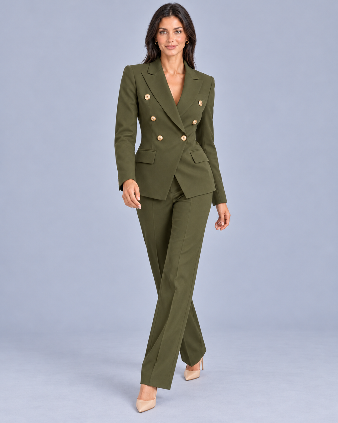 Women's Double-Breasted Trouser Suit with Metallic Buttons