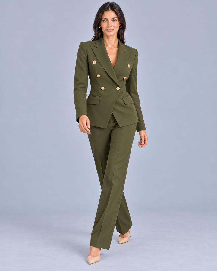 Women's Double-Breasted Trouser Suit with Metallic Buttons