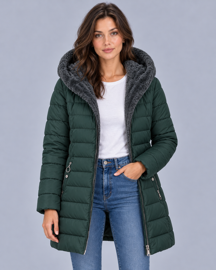 Women's Fleece Lined Quilted Coat with Hood